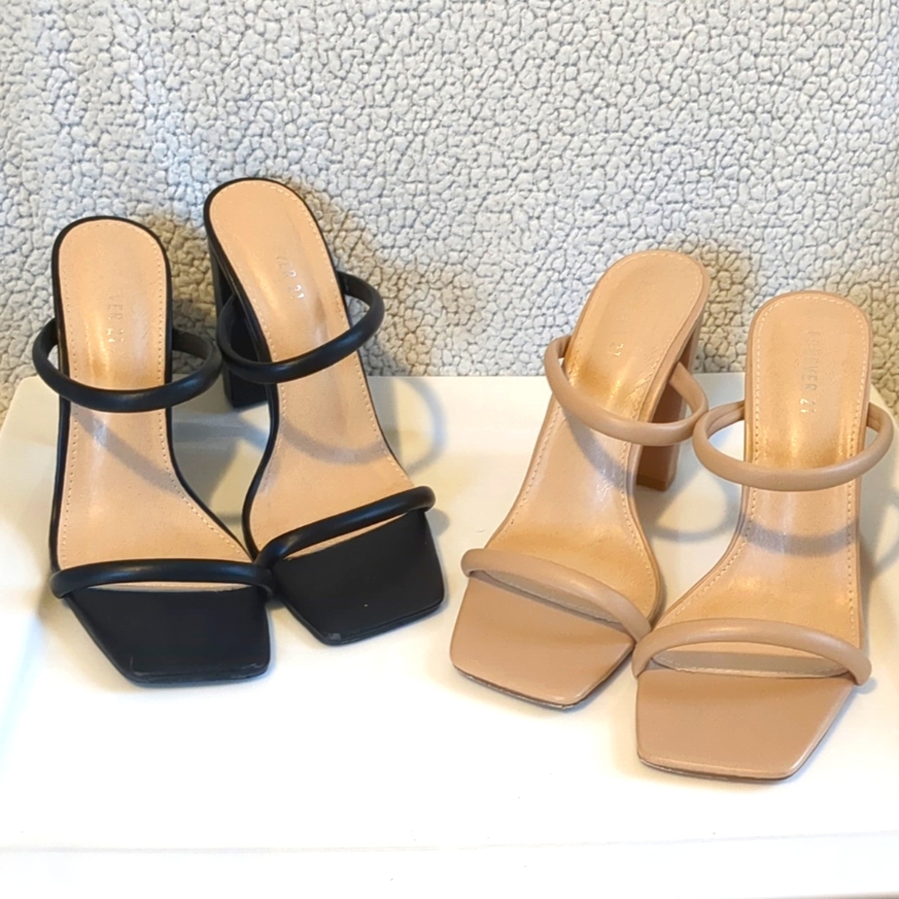 2 pair FOREVER 21 High Heel SANDALS Sz 7.5 Black & Beige SHOES